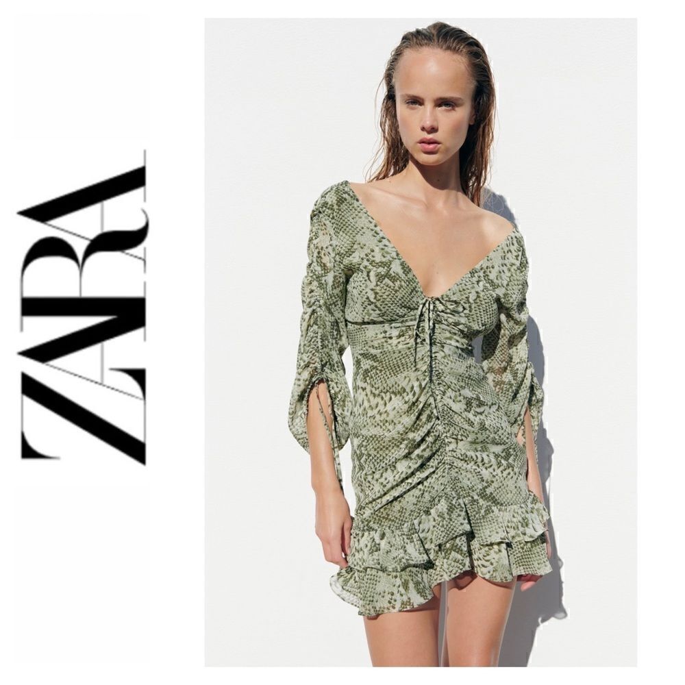 NWOT Zara Animal Print Draped Ruched Flounce Hem Tied V Neck Mini Dress, Small
